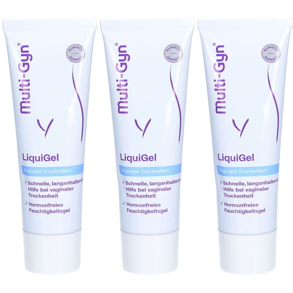 Trois tubes de Multi-Gyn LiquiGel. Tubes blancs avec texte et design violets. Texte: Aide rapide et durable pour la sécheresse vaginale.