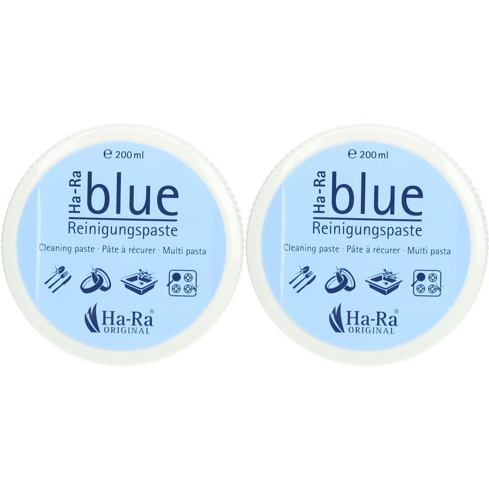 Deux contenants ronds bleus. Inscription "blue Reinigungspaste" et "Ha-Ra ORIGINAL".