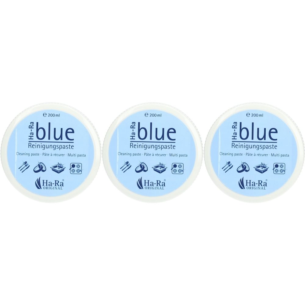 Trois contenants ronds bleus. Inscription "blue Reinigungspaste". En dessous, "Ha-Ra ORIGINAL".