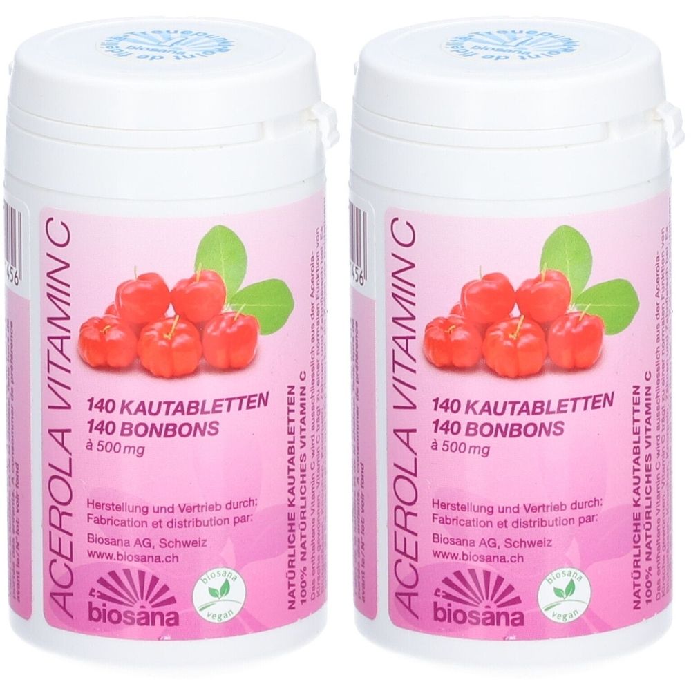 Deux flacons blancs avec étiquettes roses. Inscription : Acerola Vitamine C, 140 comprimés à croquer. Illustration de cerises acérola. Marque : biosana.