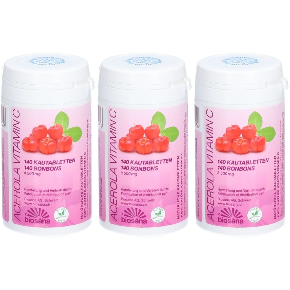 Trois flacons blancs avec étiquettes roses. Inscription : ACEROLA VITAMIN C, 140 comprimés à croquer, 4500mg. Illustration de fruits d'acérola.