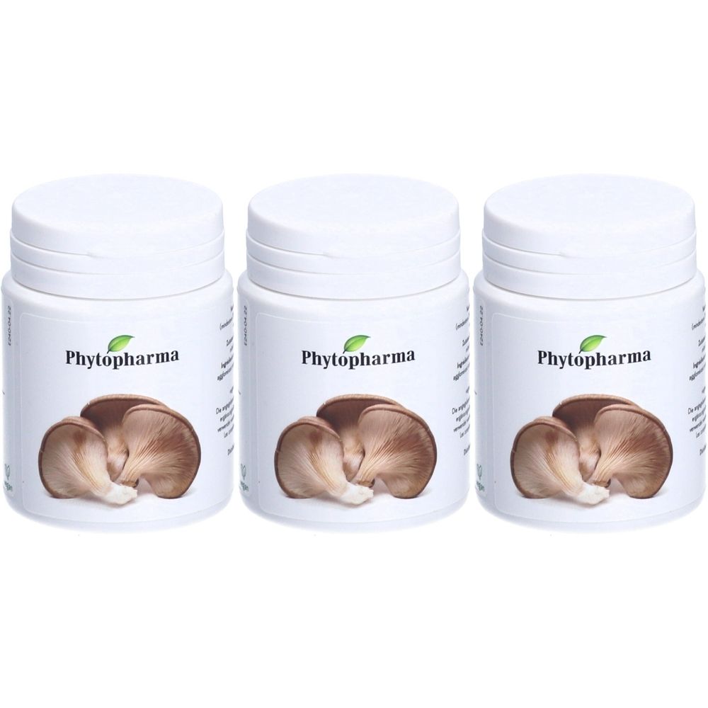 Trois boîtes blanches avec étiquette. Inscription : Phytopharma. Illustration de champignons. Couvercles blancs.