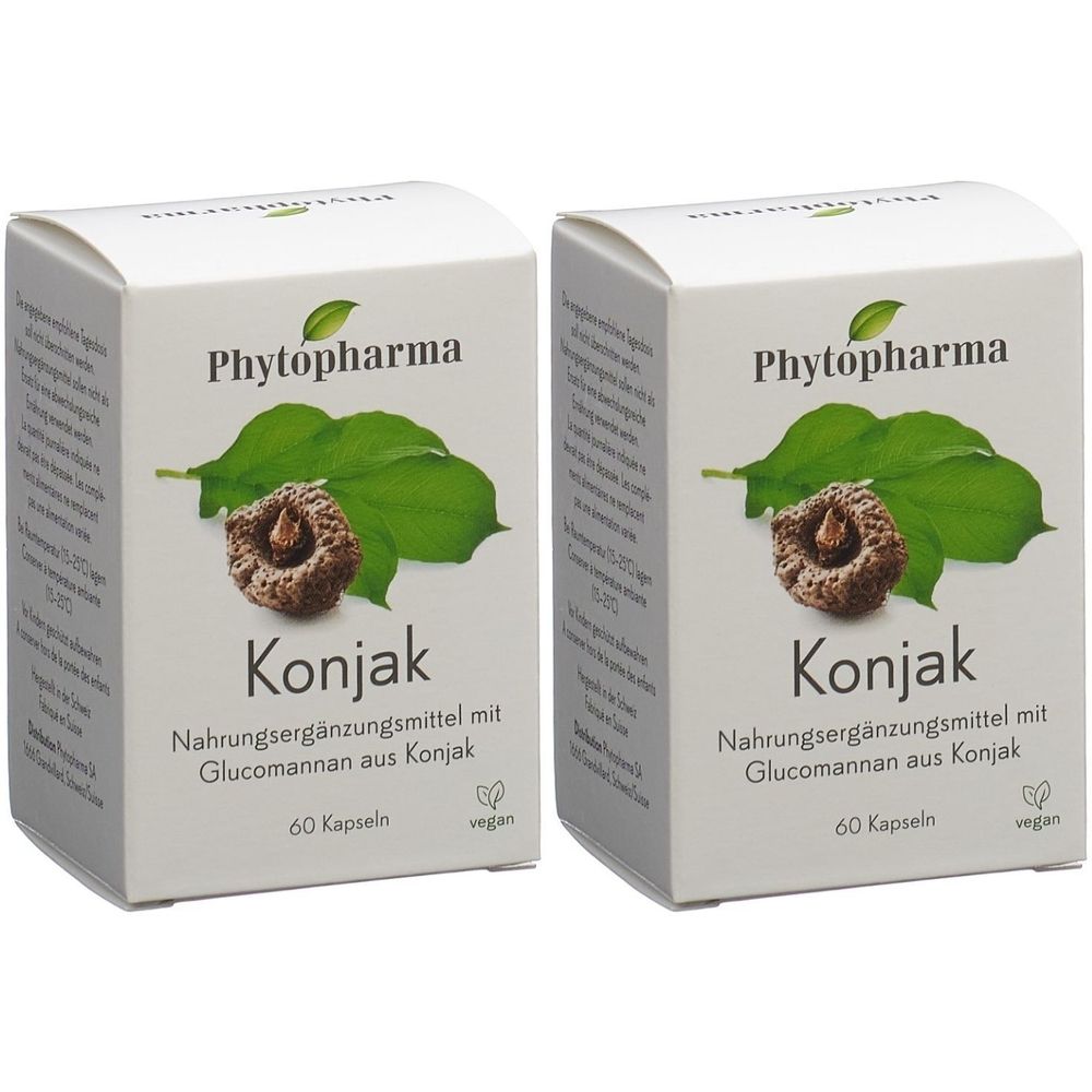 Deux boîtes blanches "Phytopharma Konjak". Inscription : Complément alimentaire avec glucomannane de konjac. 60 gélules. Vegan.