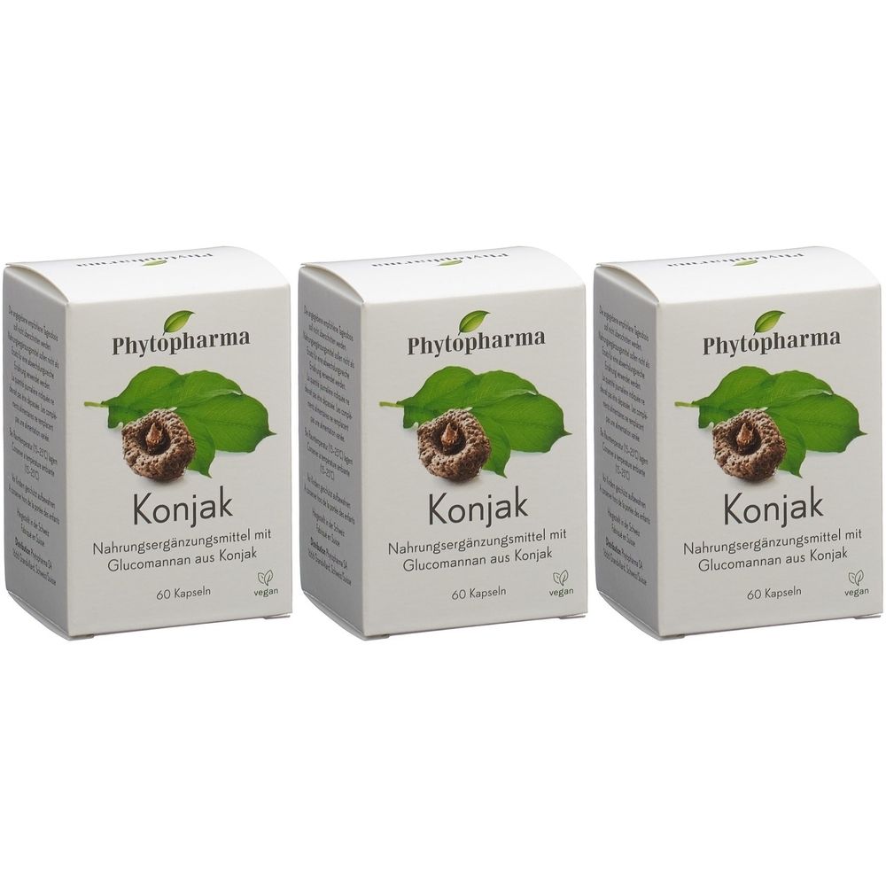 Trois boîtes de complément alimentaire "Konjak". Sur chaque boîte : logo, illustration, texte et "60 capsules".