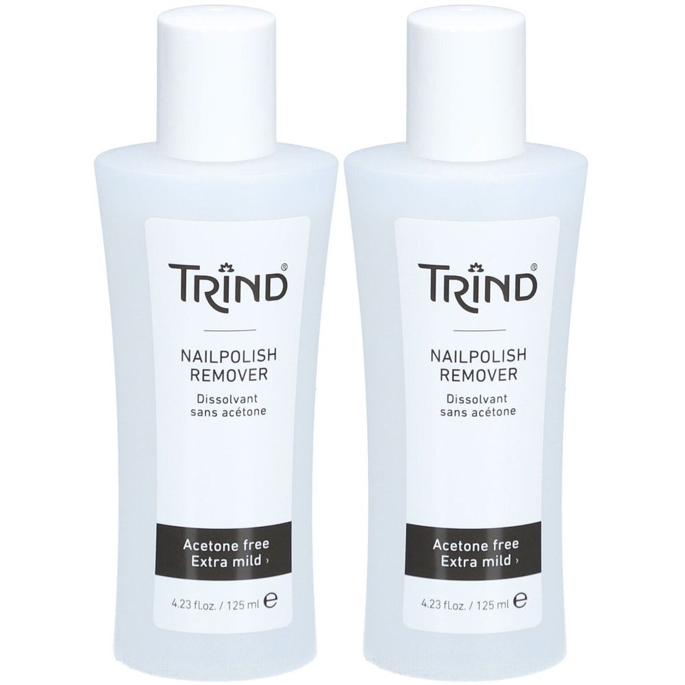 Deux flacons de dissolvant pour vernis à ongles TRIND. Inscription : Sans acétone, Extra doux. Flacons blancs, bouchons blancs.