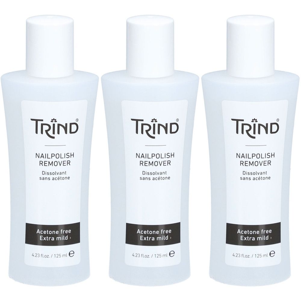 Trois flacons de dissolvant pour vernis à ongles. Inscription: TRIND, Nailpolish Remover, sans acétone, Extra mild.