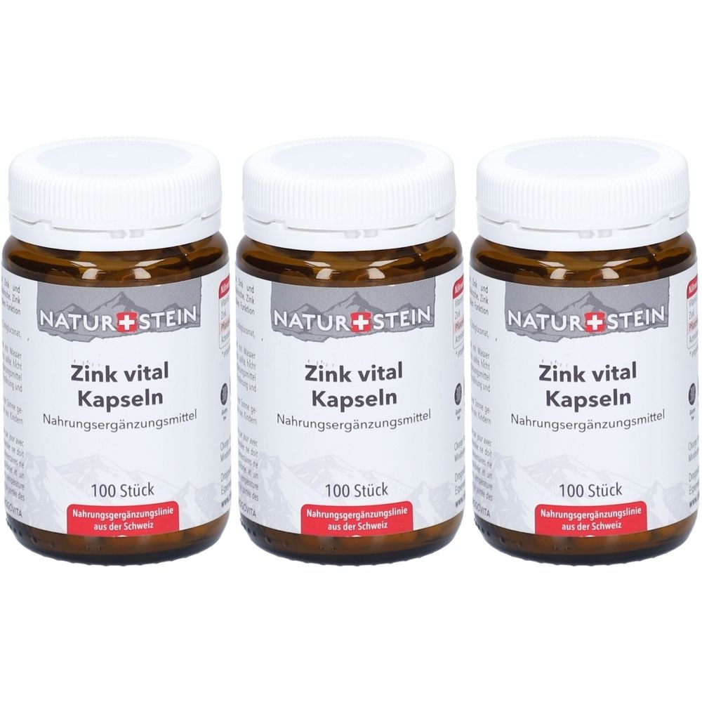 Trois flacons en verre brun avec des couvercles blancs. Les étiquettes indiquent "NATUR+STEIN Zink vital Kapseln". Chaque flacon contient 100 pièces.
