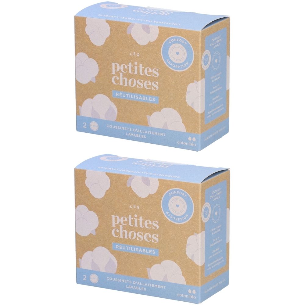 Deux boîtes de coussinets d'allaitement. Inscription: LES PETITES CHOSES, REUTILISABLES. Emballage bleu et marron avec illustrations de coton.