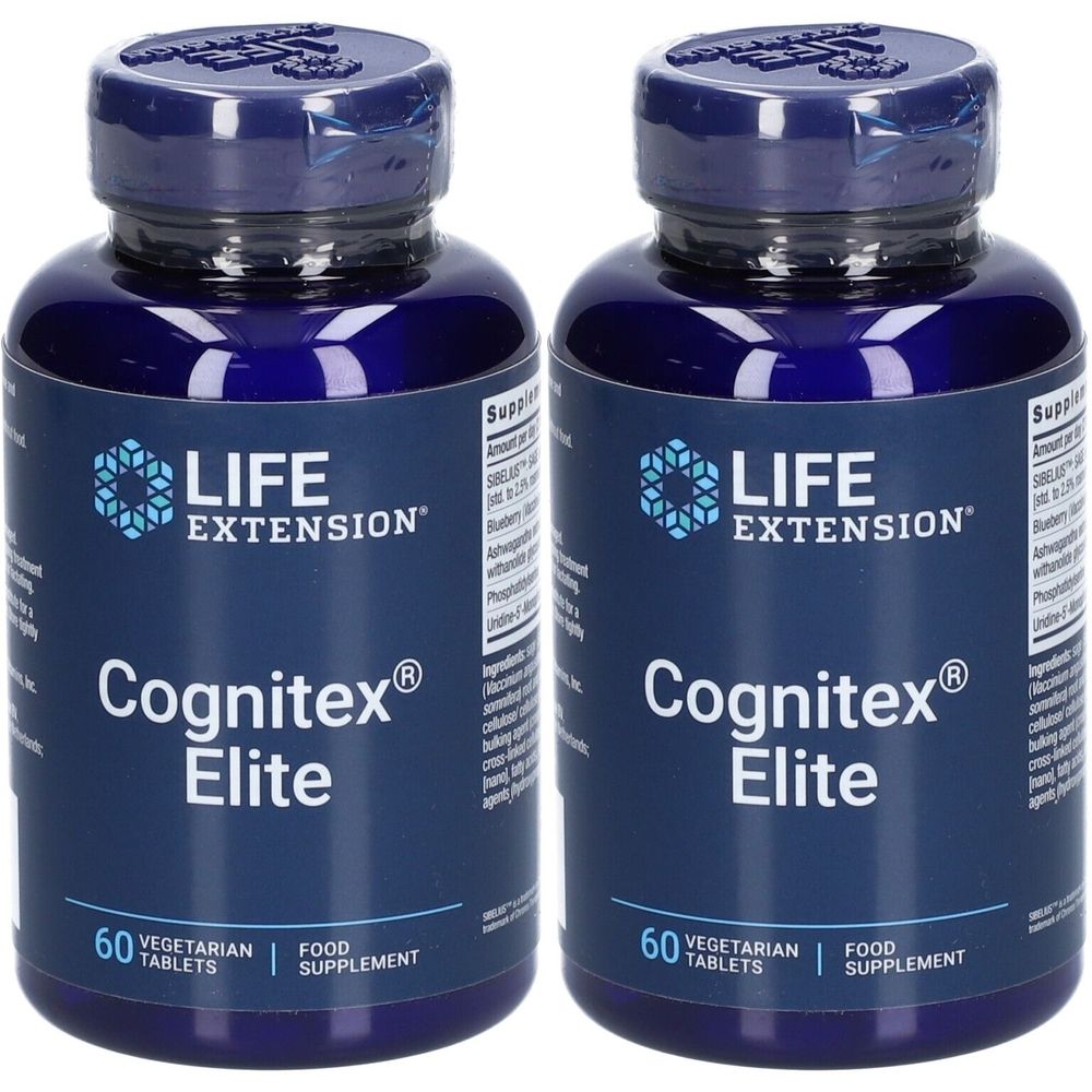 Deux flacons bleus de Cognitex Elite. Chaque flacon porte la mention "LIFE EXTENSION" et "60 VEGETARIAN TABLETS".