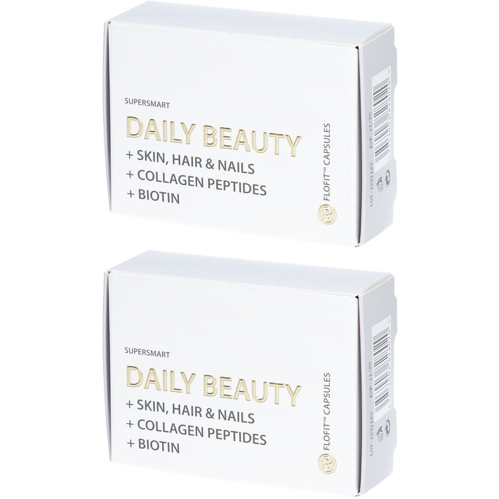 Deux boîtes blanches avec texte doré. Inscription: Daily Beauty, Skin, Hair & Nails, Collagen Peptides, Biotine. Marque: Supersmart.