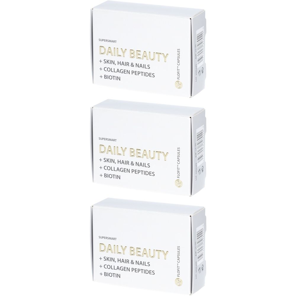 Trois boîtes blanches avec l'inscription "DAILY BEAUTY + SKIN, HAIR & NAILS + COLLAGEN PEPTIDES + BIOTIN".