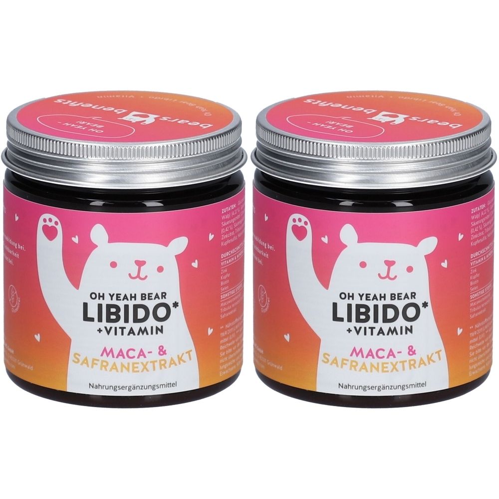 Deux pots avec étiquette rose. Inscription: OH YEAH BEAR LIBIDO + Vitamine, Maca & Extrait de safran. Complément alimentaire.