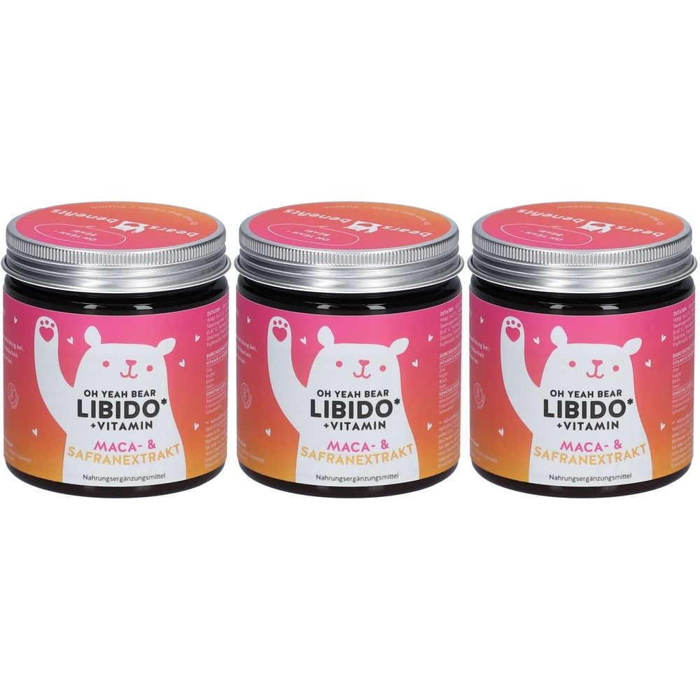 Trois pots avec couvercles. Inscription : Oh Yeah Bear Libido + Vitamine, Maca & Safranextrakt. Étiquette rose avec ours.