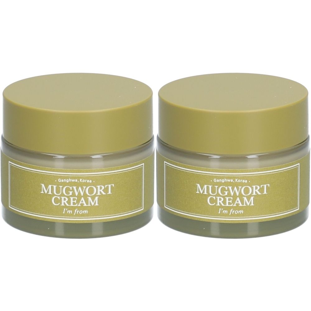Deux pots de crème avec couvercles. Les étiquettes indiquent "Mugwort Cream I'm from". Les pots sont d'un vert clair.