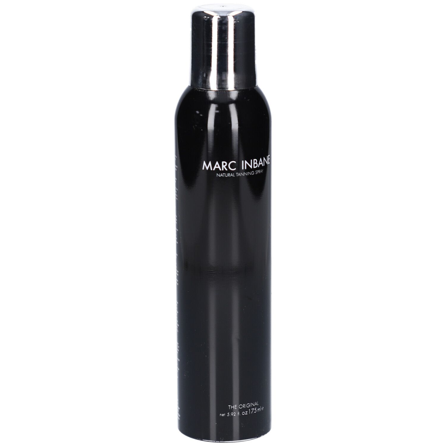Flacon de spray noir avec bouchon argenté. Inscription : MARC INBANE NATURAL TANNING SPRAY. Sous-titre : THE ORIGINAL.