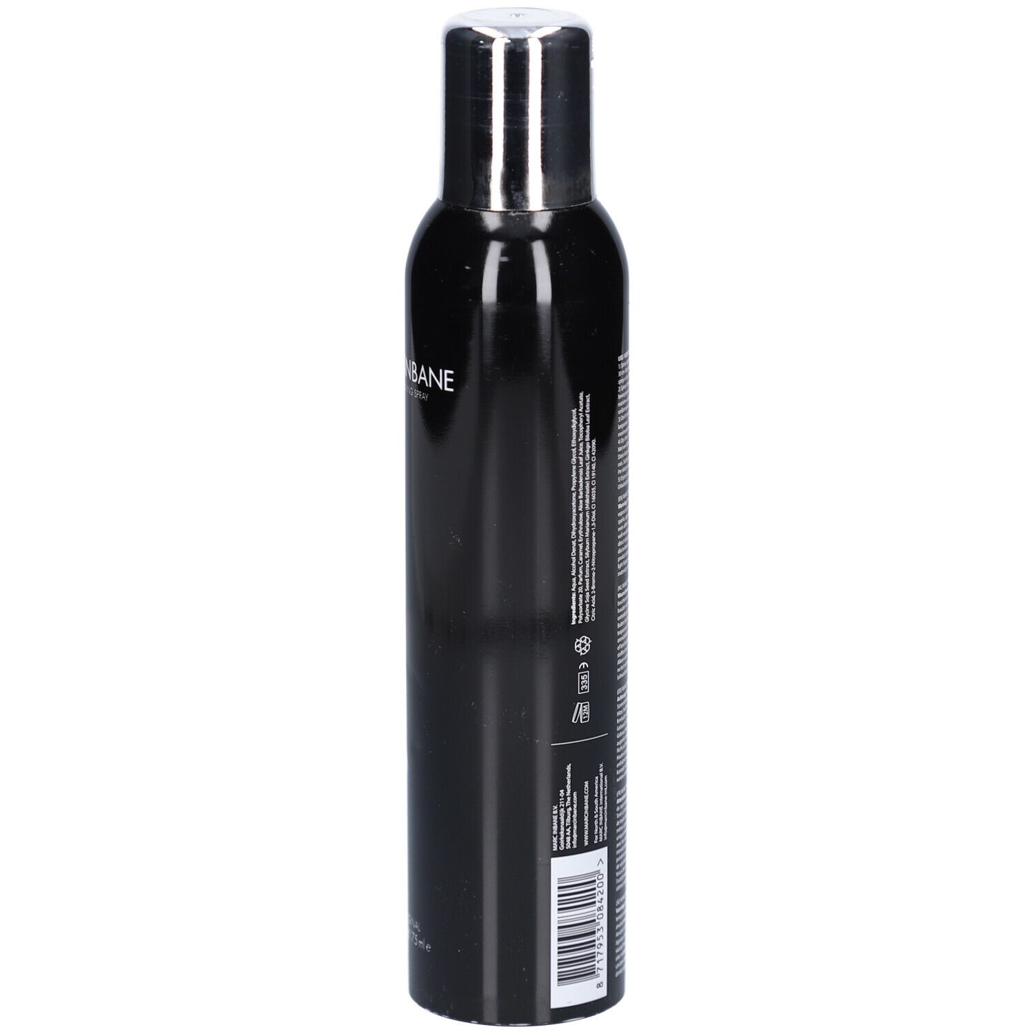 Flacon de spray noir avec bouchon argenté. Texte sur le côté. Étiquette avec texte en plusieurs langues et code-barres.