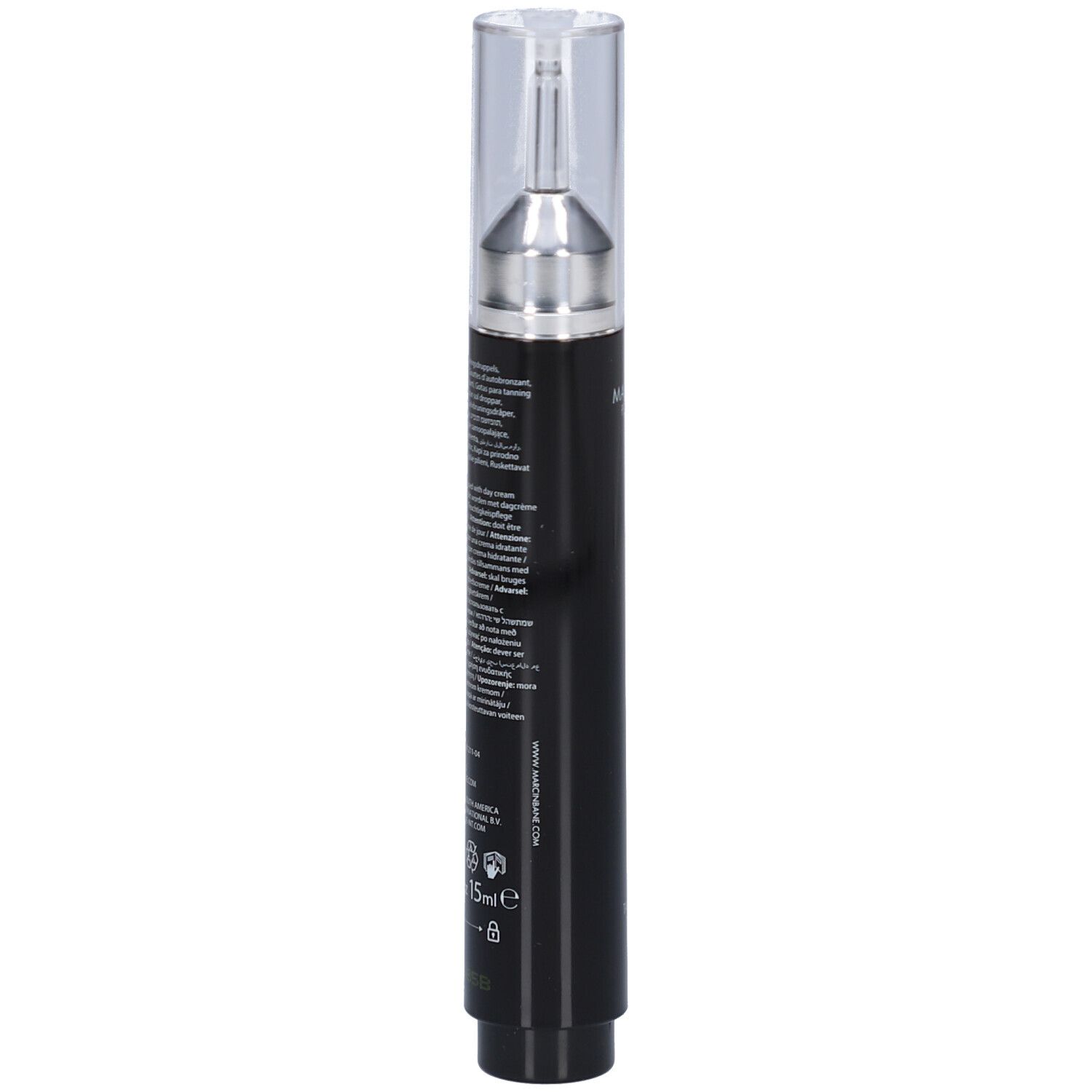 Flacon noir avec applicateur argenté et bouchon transparent. Texte sur le flacon.