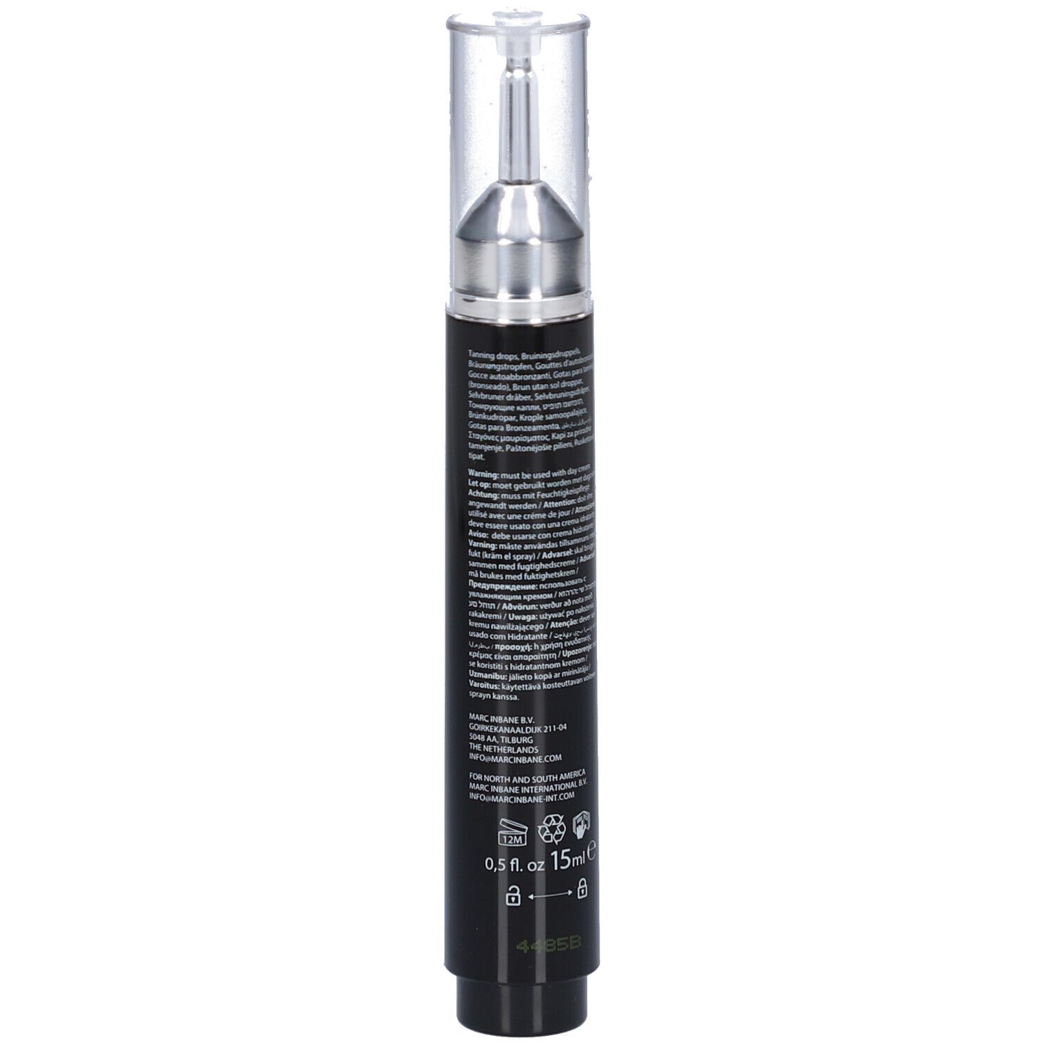 Flacon noir avec applicateur argenté et bouchon transparent. Texte sur le flacon.