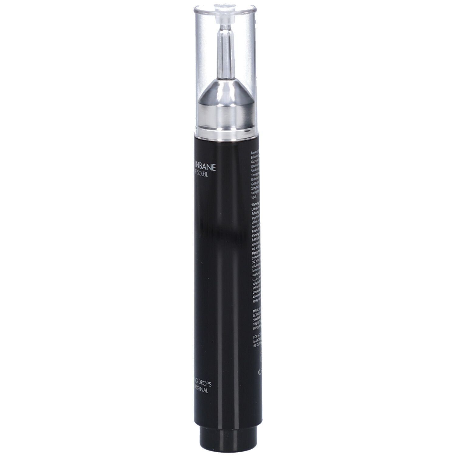 Flacon noir avec applicateur argenté et bouchon transparent. Texte sur le flacon.
