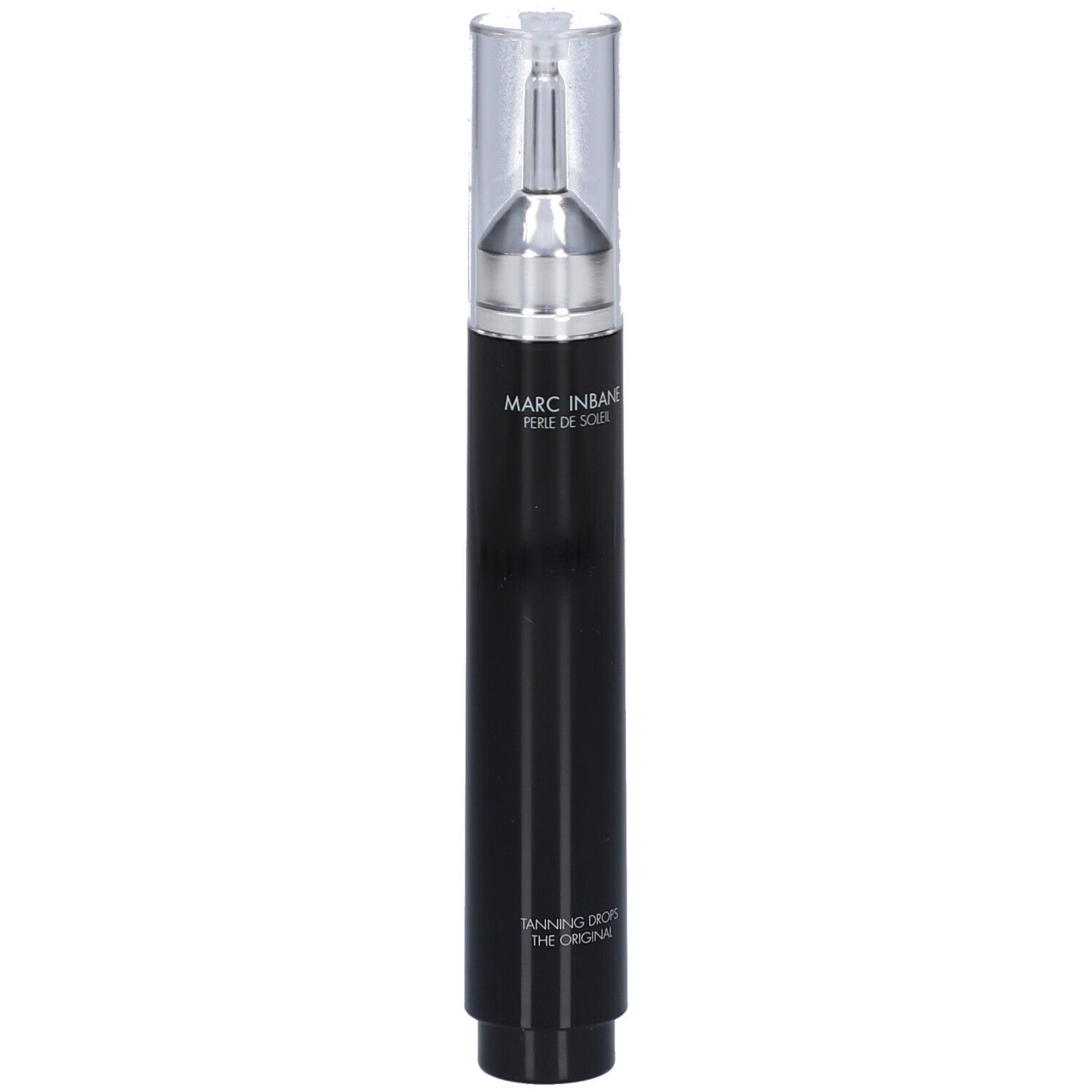 Flacon noir avec applicateur argenté et bouchon transparent. Texte: Marc Inbane, Perle de Soleil.