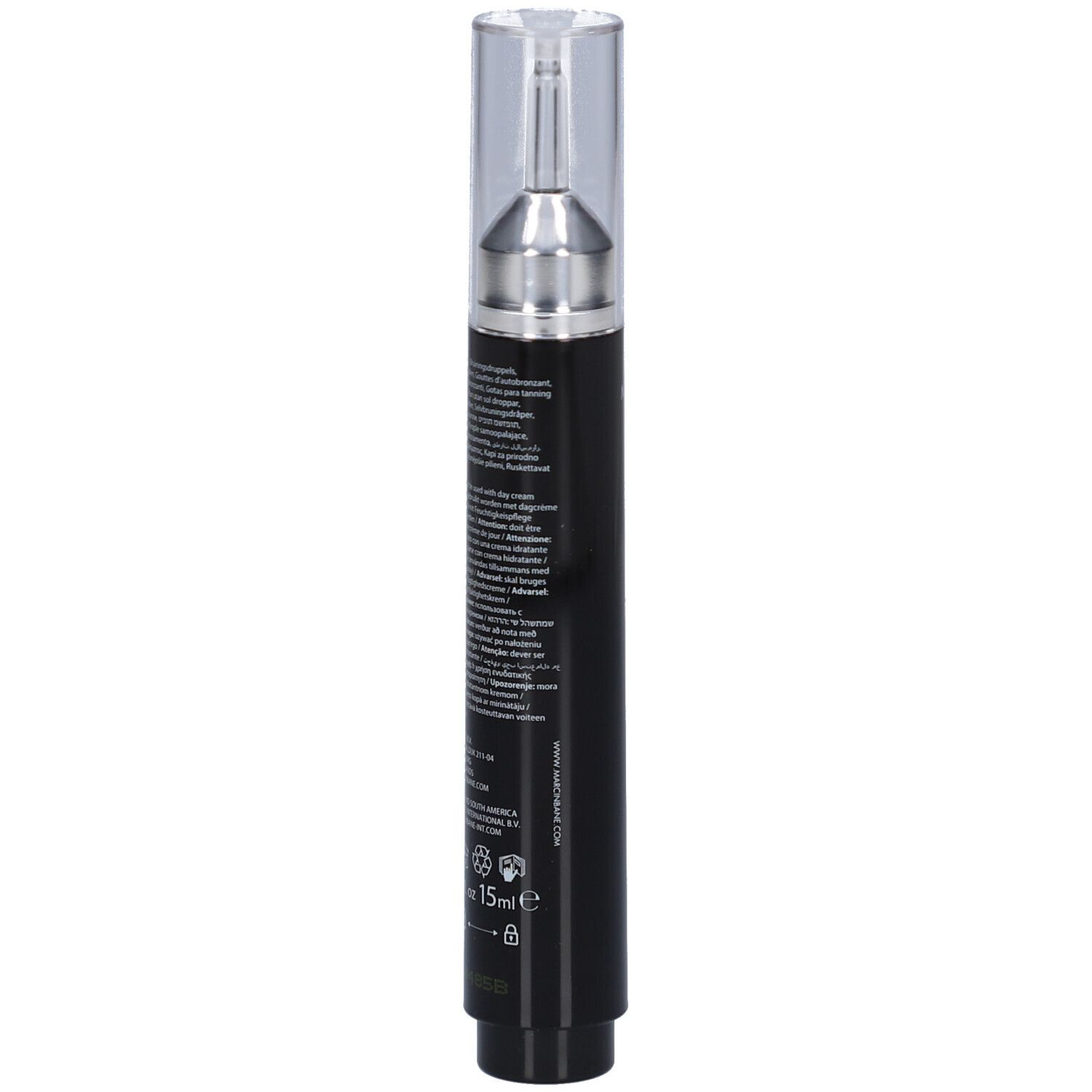 Flacon noir avec applicateur argenté et bouchon transparent. Texte sur le flacon.