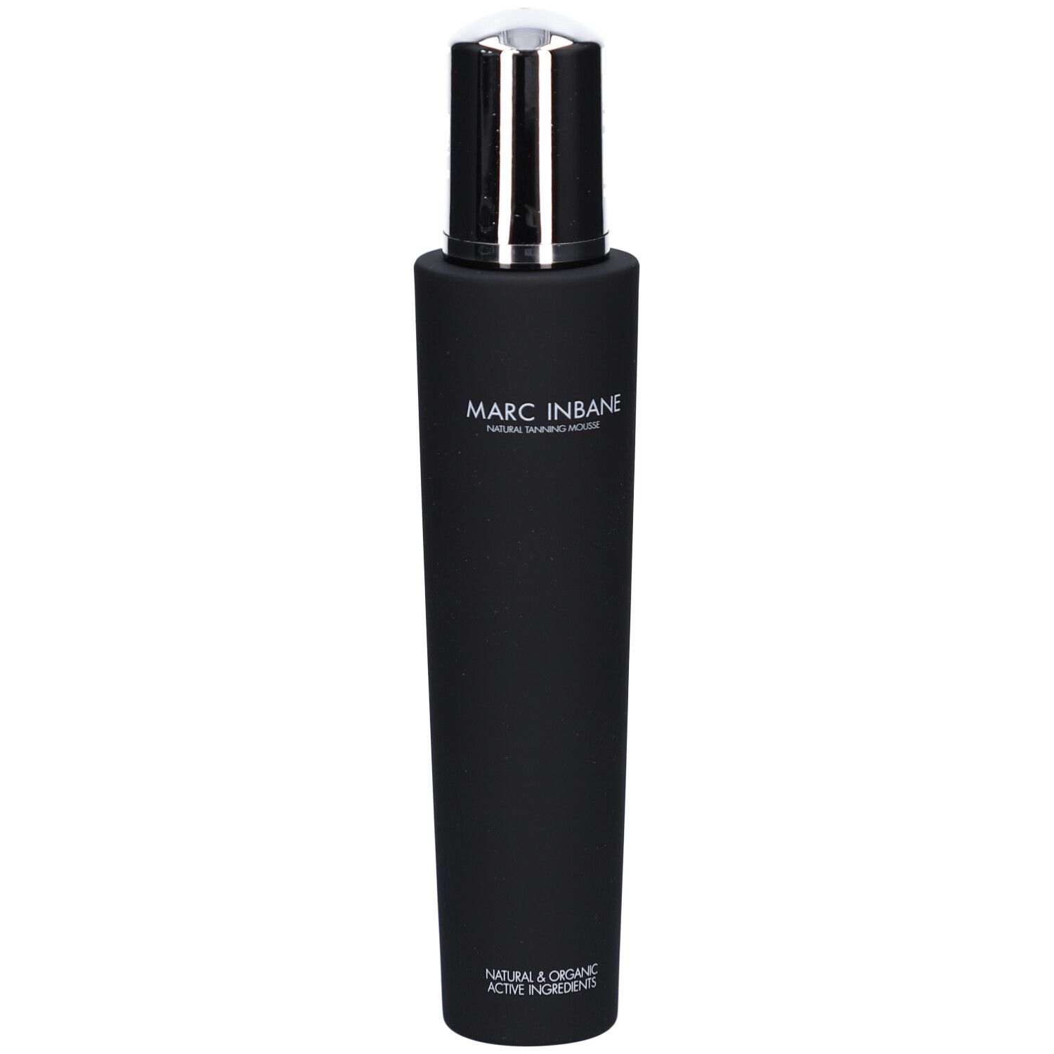 Flacon noir avec bouchon argenté. Inscription: MARC INBANE NATURAL TANNING MOUSSE. Autres textes blancs.