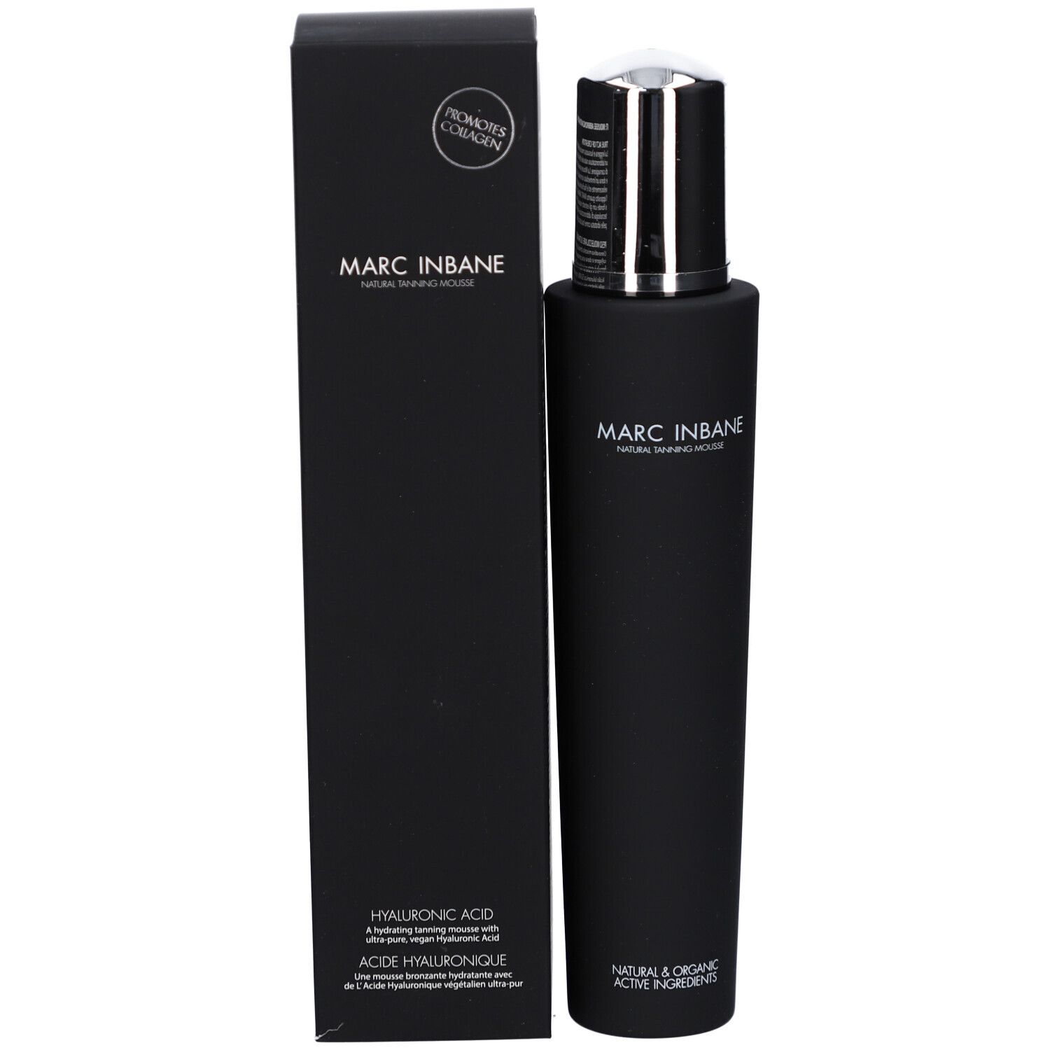 Flacon noir avec bouchon argenté et emballage noir. Inscription: MARC INBANE NATURAL TANNING MOUSSE.
