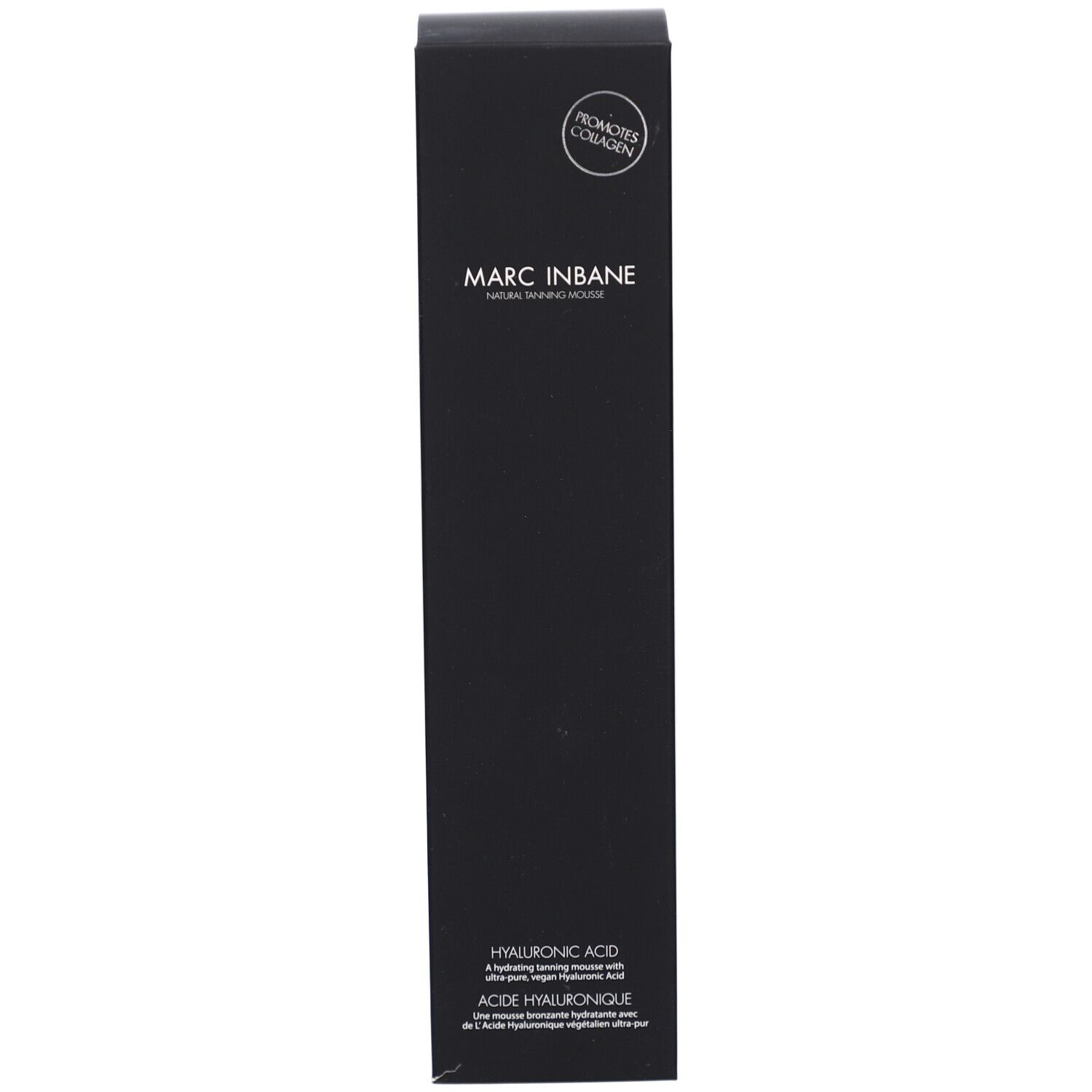 Emballage noir avec texte. Inscription: MARC INBANE NATURAL TANNING MOUSSE. Avec logo.