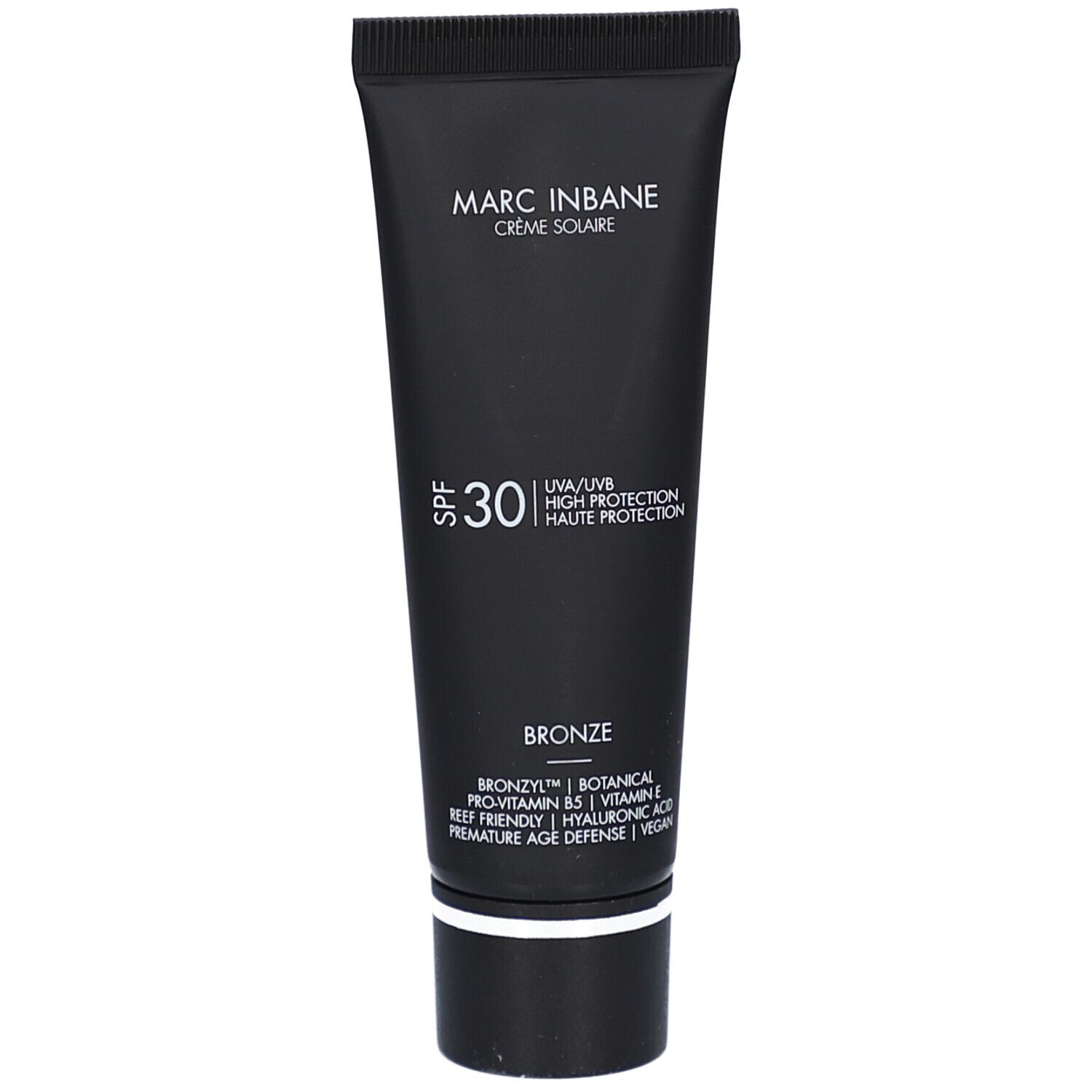Tube noir de crème solaire. Inscriptions: Marc Inbane Crème Solaire, SPF 30, Bronze. Contient vitamine E et autres ingrédients.