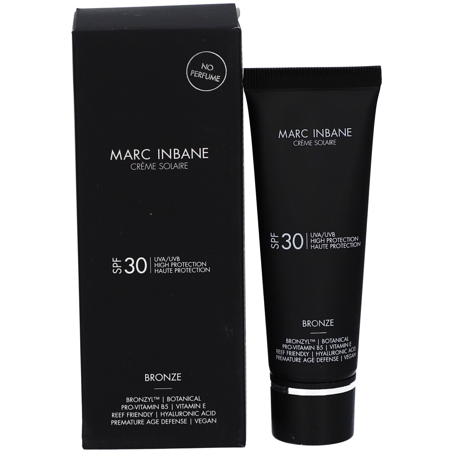 Boîte noire et tube de crème solaire. Inscriptions: Marc Inbane Crème Solaire, SPF 30, Bronze. Avec ingrédients.