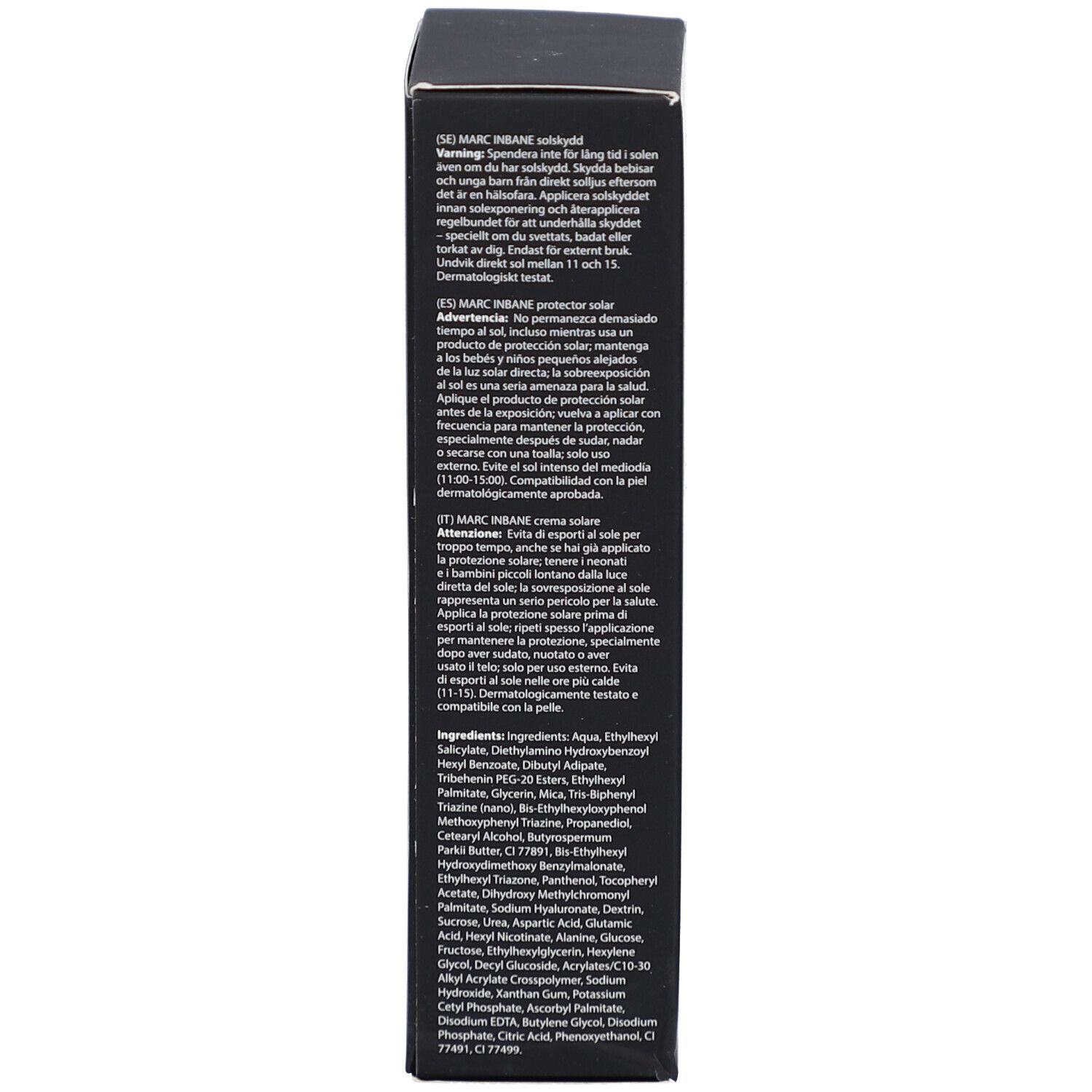 Côté de la boîte noire. Texte multilingue. Informations sur l'utilisation et les ingrédients.