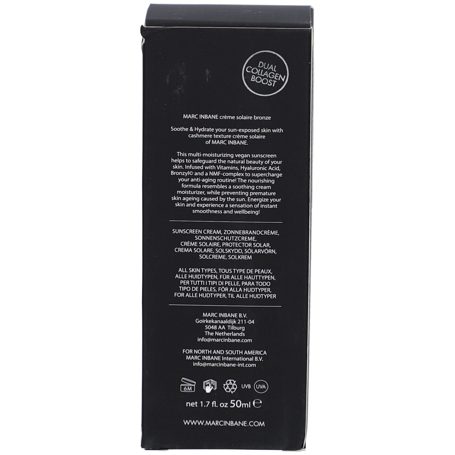 Dos de la boîte noire. Texte multilingue. Informations sur le produit et le fabricant.