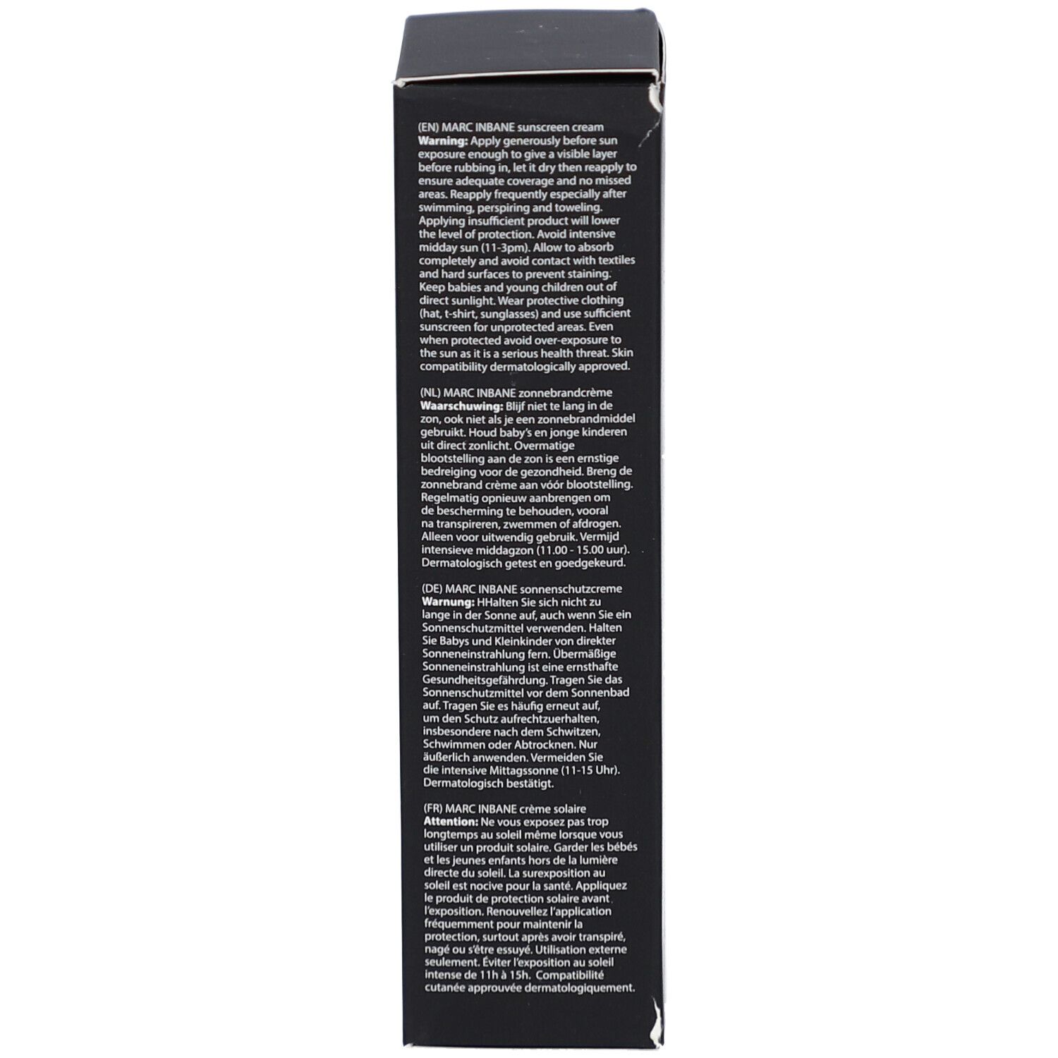 Côté de la boîte noire. Texte multilingue. Contient des avertissements et des instructions d'utilisation.