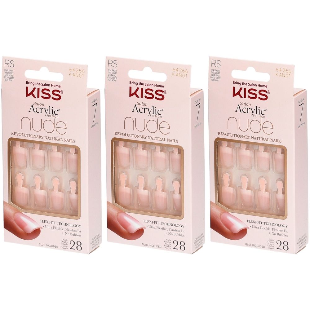 Trois boîtes de faux ongles KISS Acrylic Nude. Couleur rose. 28 pièces par boîte. Ongles naturels révolutionnaires.