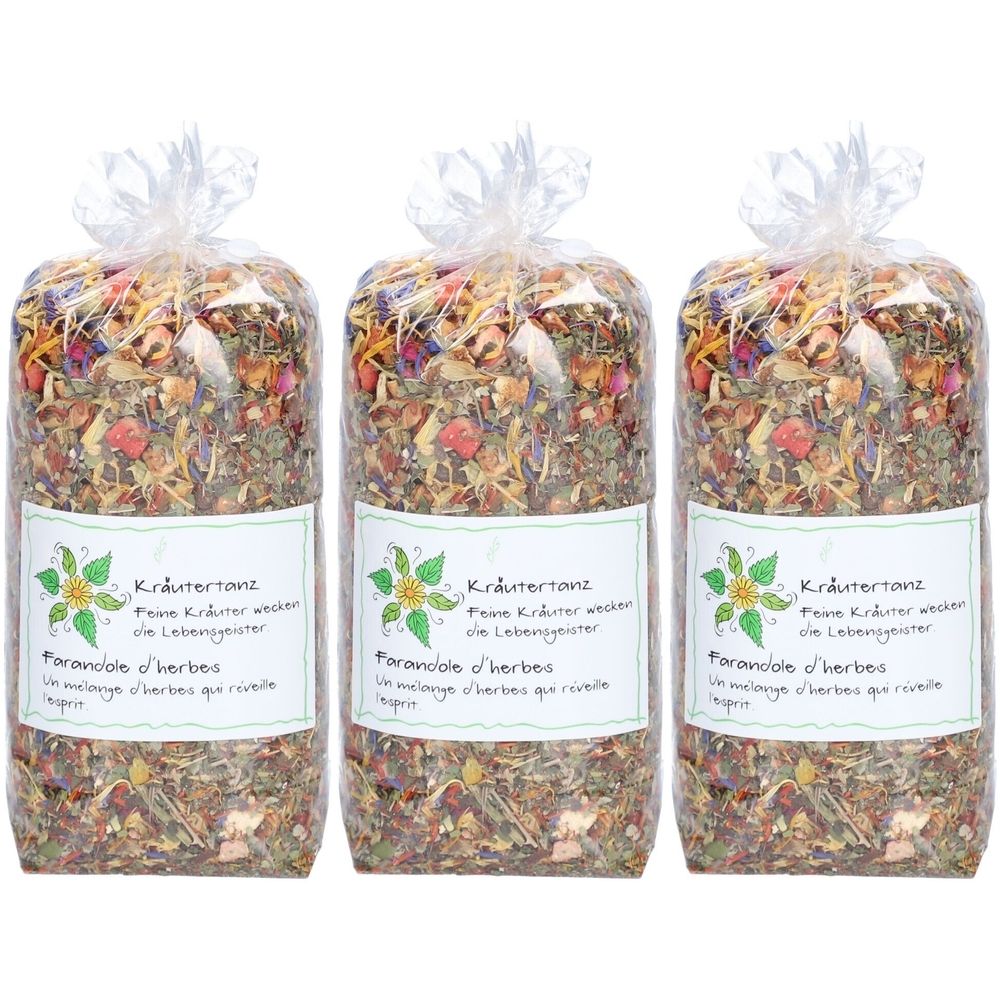 Trois sachets de mélange d'herbes en emballage transparent. Étiquette avec texte : Kräutertanz, Farandole d'herbes.