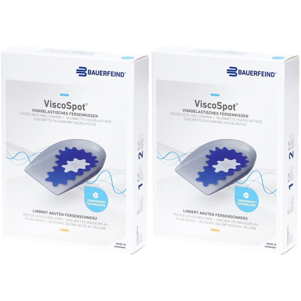 Deux boîtes de coussinets VISCOSPOT. Boîtes blanches avec image du produit et texte. Marque : BAUERFEIND. Texte : Soulage la douleur au talon.