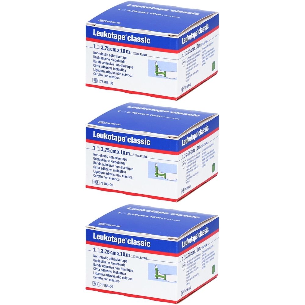 Trois boîtes avec couvercle bleu. Inscription: Leukotape classic, 3,75 cm x 10 m. Impression: Non-elastic adhesive tape. Symbole vert et blanc.
