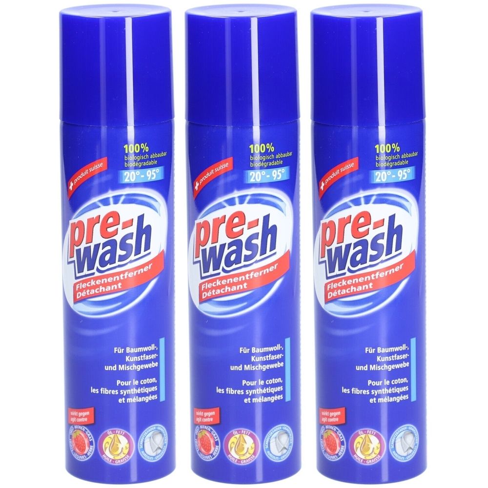 Trois aérosols bleus avec étiquette blanche et rouge. Inscription: pre-wash Détachant. Texte en allemand et français.
