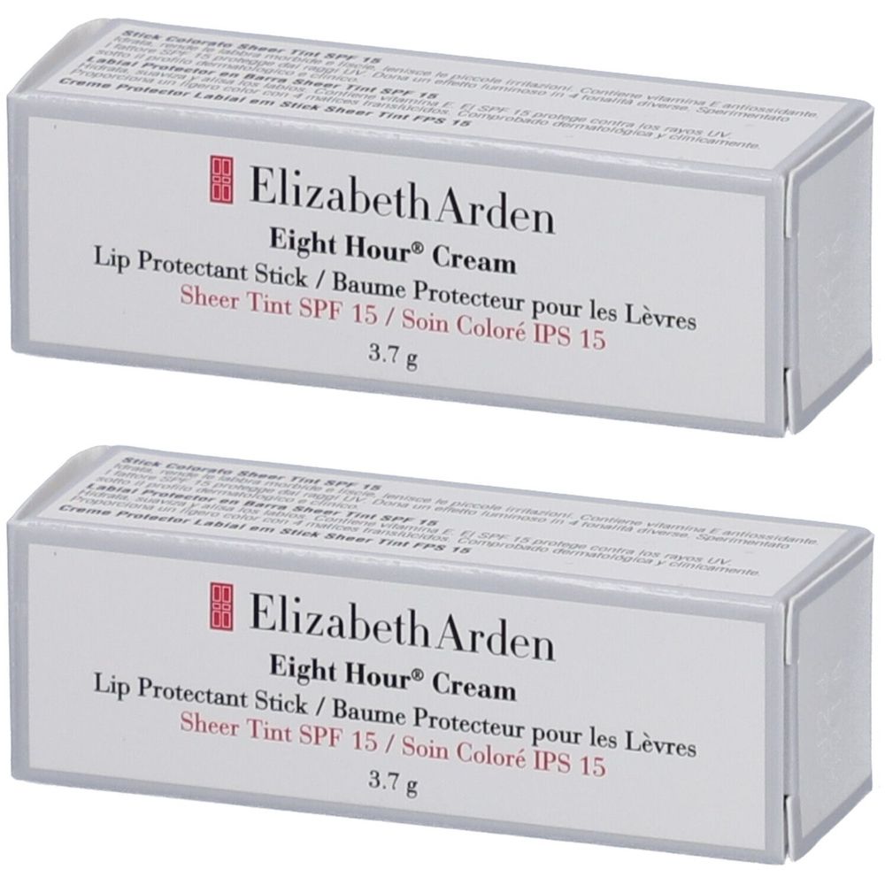 Deux boîtes de Elizabeth Arden Eight Hour® Cream Lip Protectant Stick. Emballage blanc avec nom du produit et SPF 15.