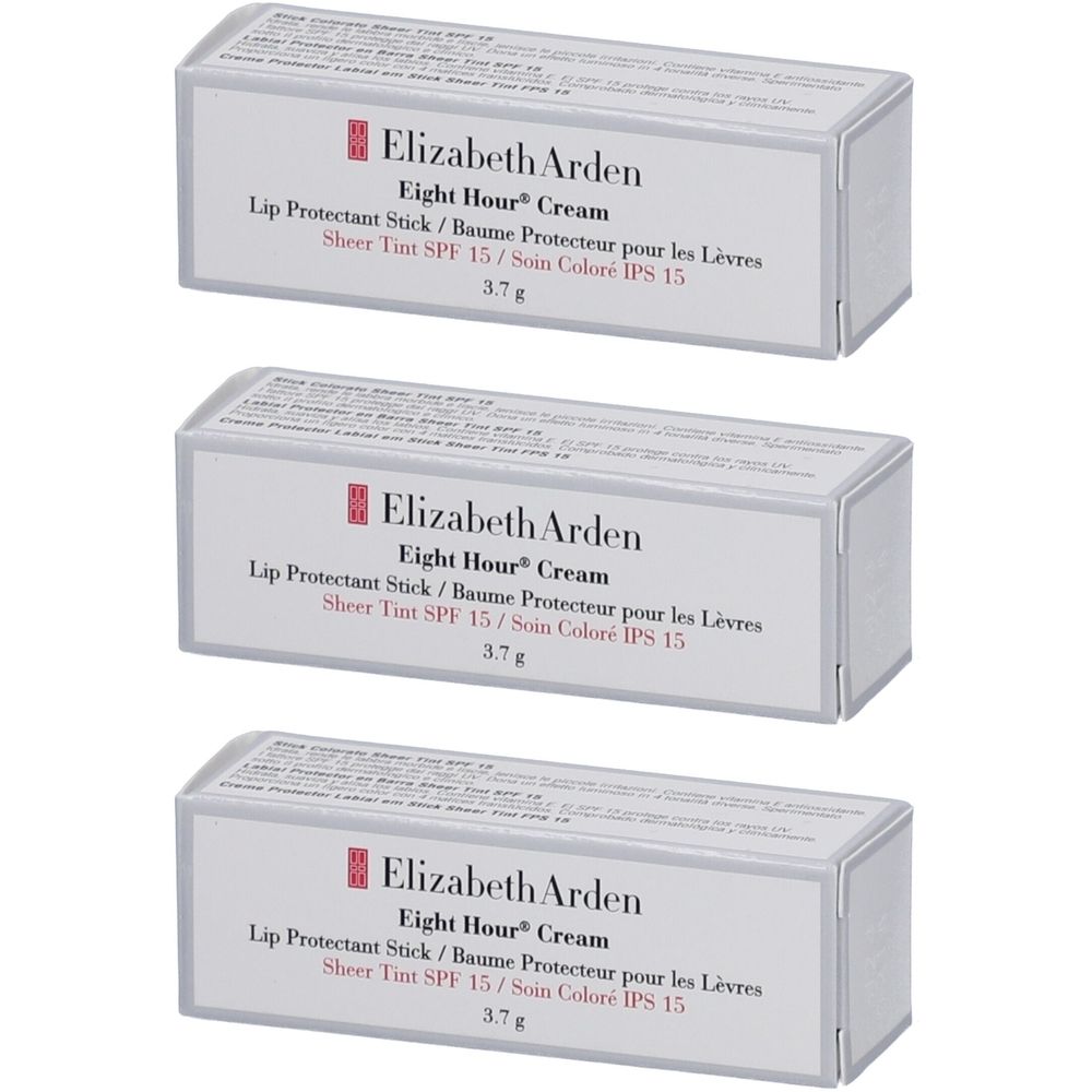 Trois boîtes rectangulaires avec informations produit. Inscription: Elizabeth Arden Eight Hour® Cream Lip Protectant Stick SPF 15.