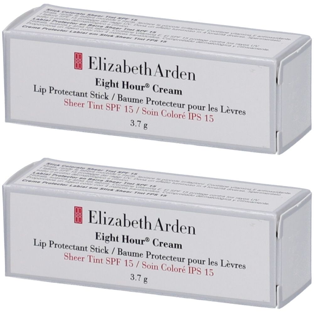 Deux boîtes de Elizabeth Arden Eight Hour Lip Protectant Stick. Blanches, logo rouge et informations produit.