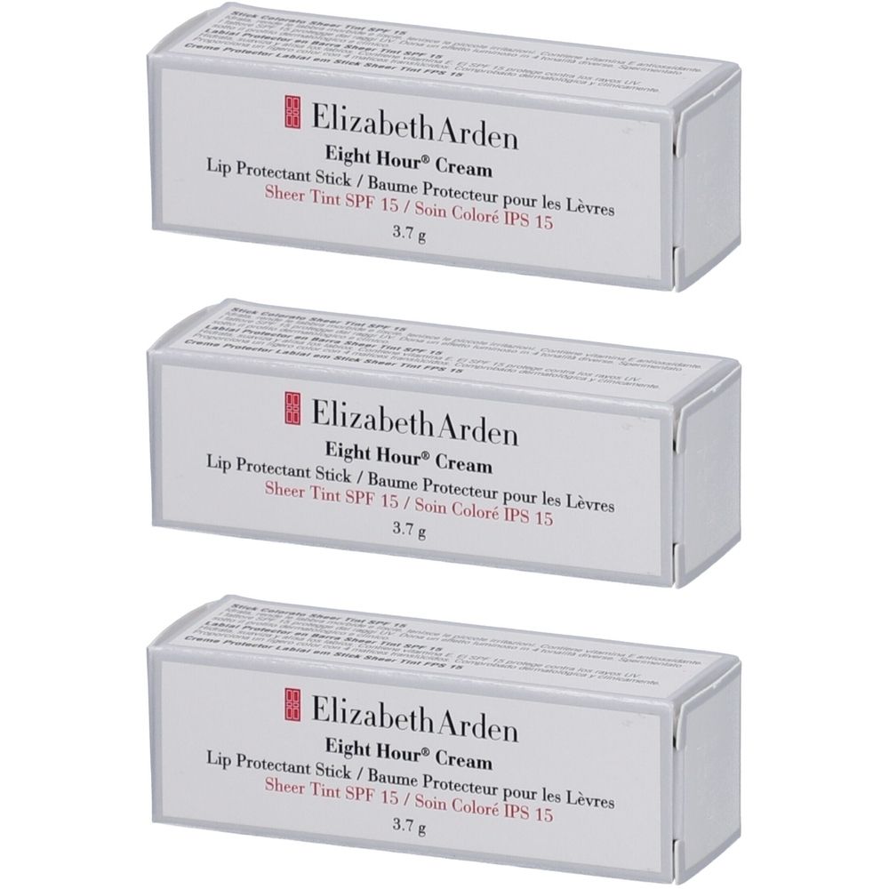 Trois boîtes rectangulaires. Sur chacune : Elizabeth Arden Eight Hour Cream Lip Protectant Stick, Sheer Tint SPF 15, 3.7g.