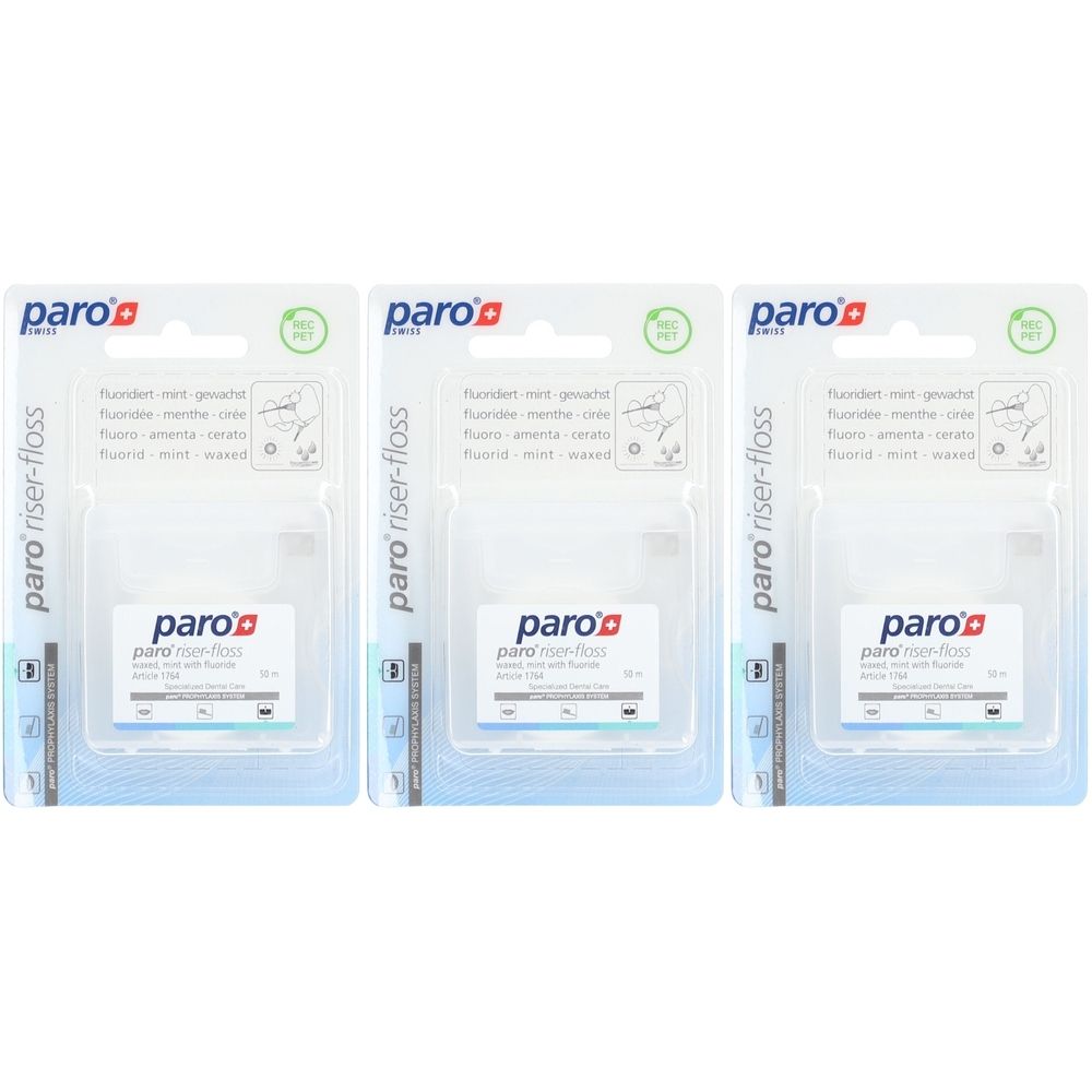 Trois paquets de fil dentaire paro riser-floss. Chaque paquet contient une boîte transparente avec une étiquette blanche et le logo paro. L'emballage est blanc et transparent.
