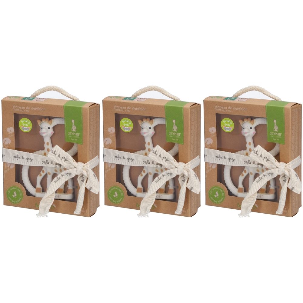 Trois boîtes de dentition. Chaque boîte contient un anneau de dentition girafe, lié avec un ruban. Les boîtes ont une poignée.