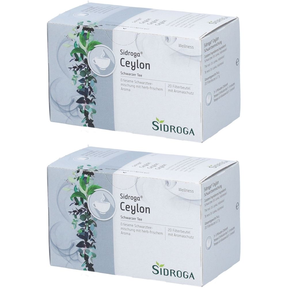 Deux boîtes de thé Sidroga Ceylon. Emballage blanc avec motif floral et informations sur le produit. Logo Sidroga.