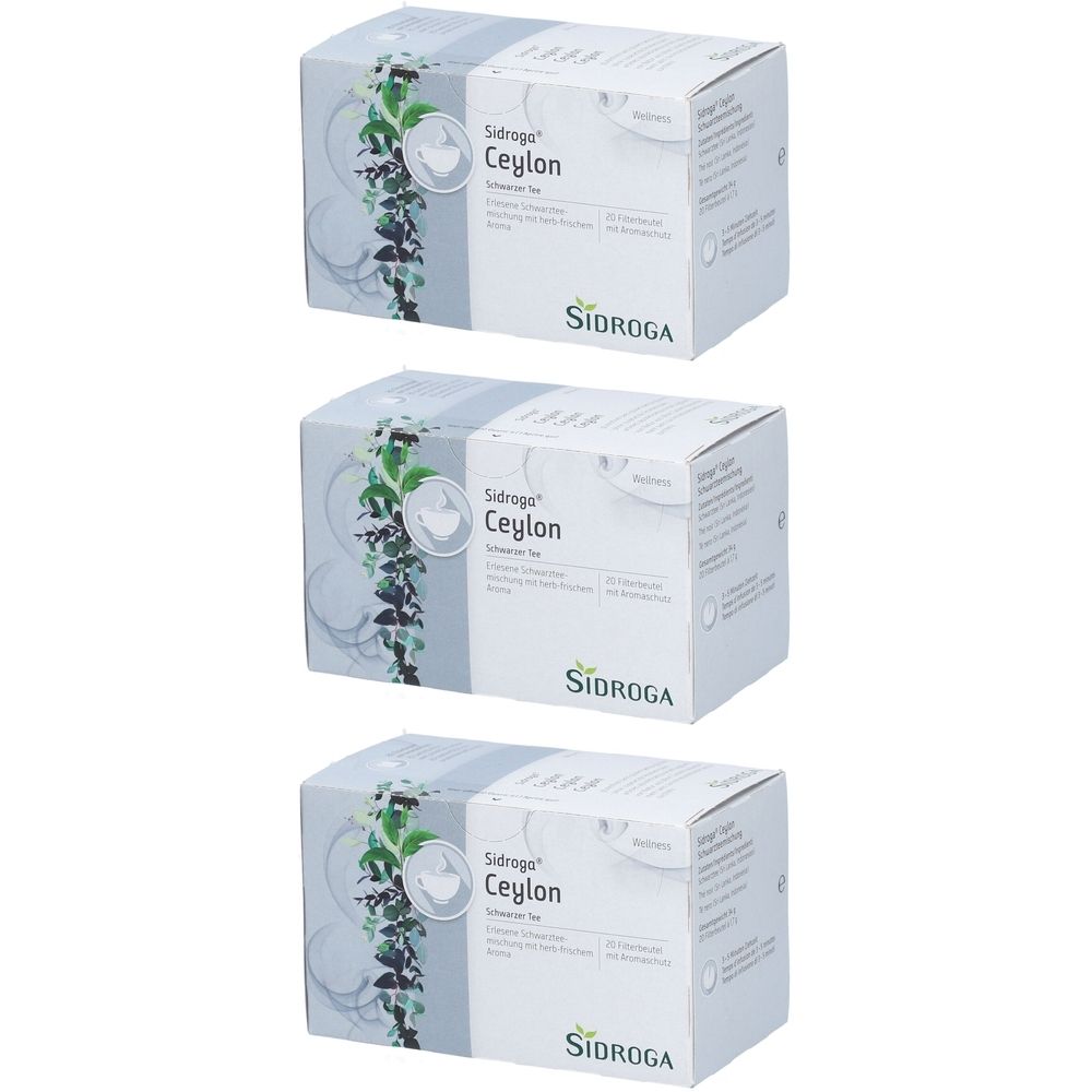 Trois boîtes blanches avec l'inscription "Sidroga Ceylon". Chaque boîte présente un motif vert et des informations sur le produit.