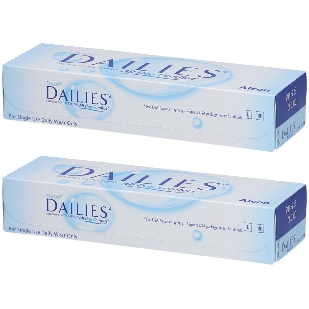 Deux boîtes de lentilles de contact FOCUS DAILIES All Day Comfort. Emballage bleu et blanc avec nom du produit et logo Alcon.