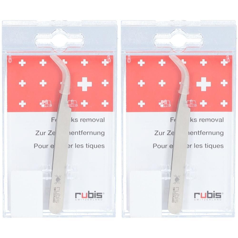 Deux pinces à épiler courbées en acier inoxydable pour l'élimination des tiques, emballées.