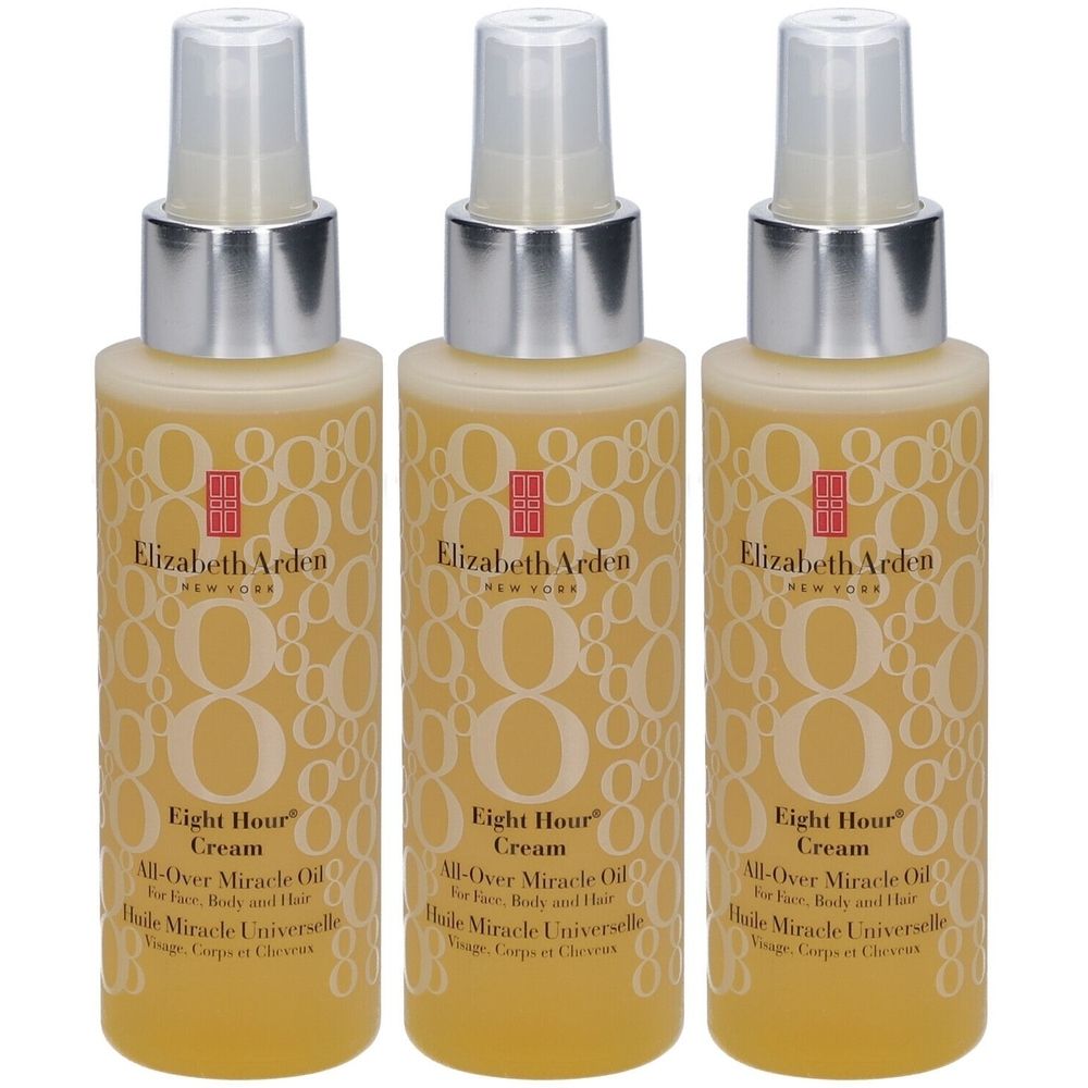 Trois flacons d'Elizabeth Arden Eight Hour Cream All-Over Miracle Oil. Flacons beiges avec vaporisateurs argentés. Impression avec logo et nom du produit.
