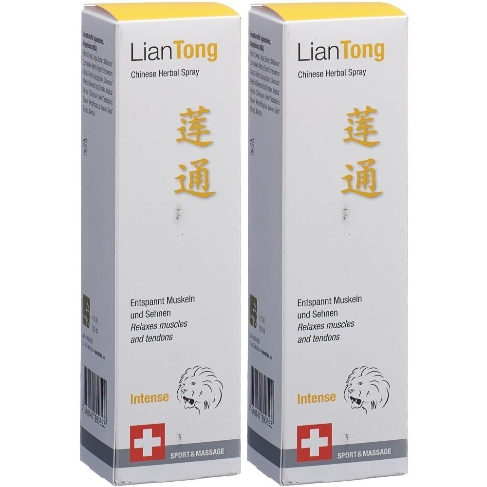 Deux boîtes blanches avec des accents jaunes. Inscription : Lian Tong, Chinese Herbal Spray. Texte en caractères chinois. Logo avec tête de lion et croix rouge.